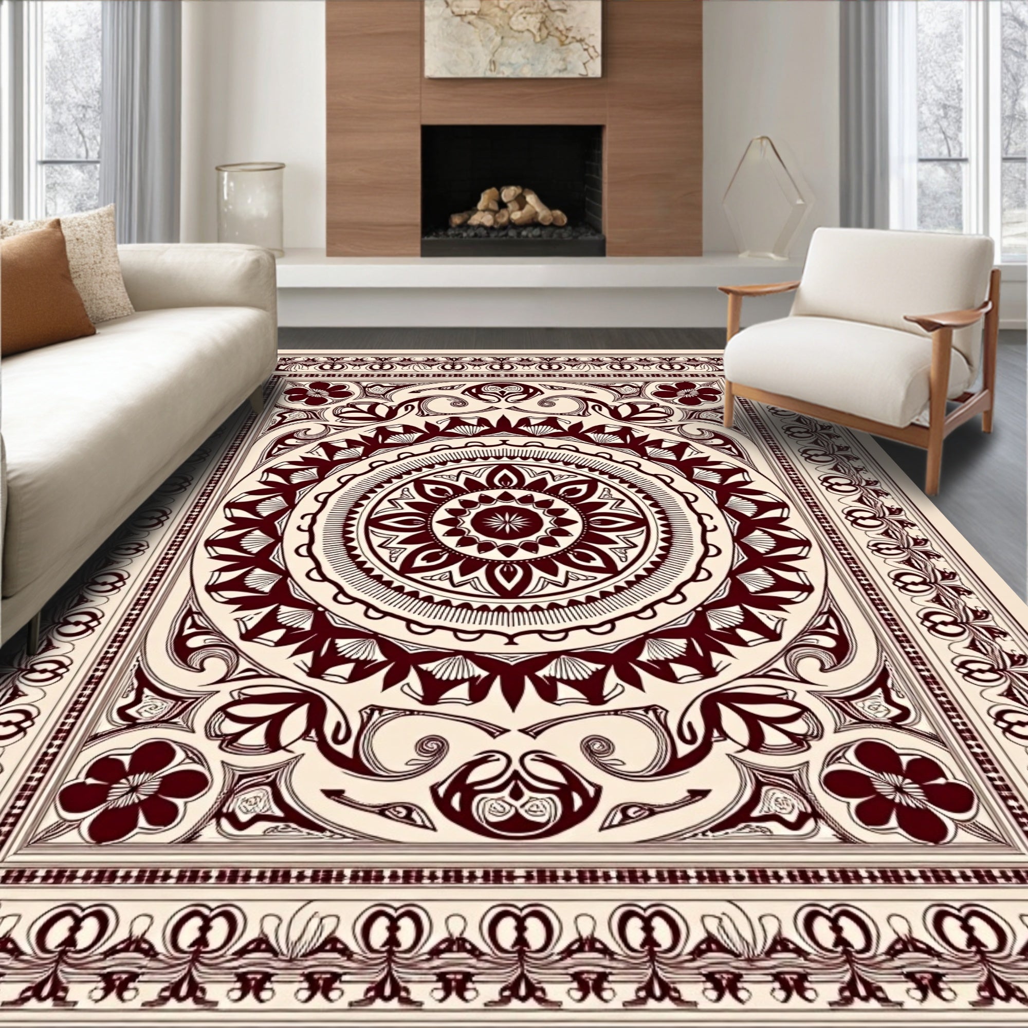 Ornate Crimson Sunburst Floral Rug