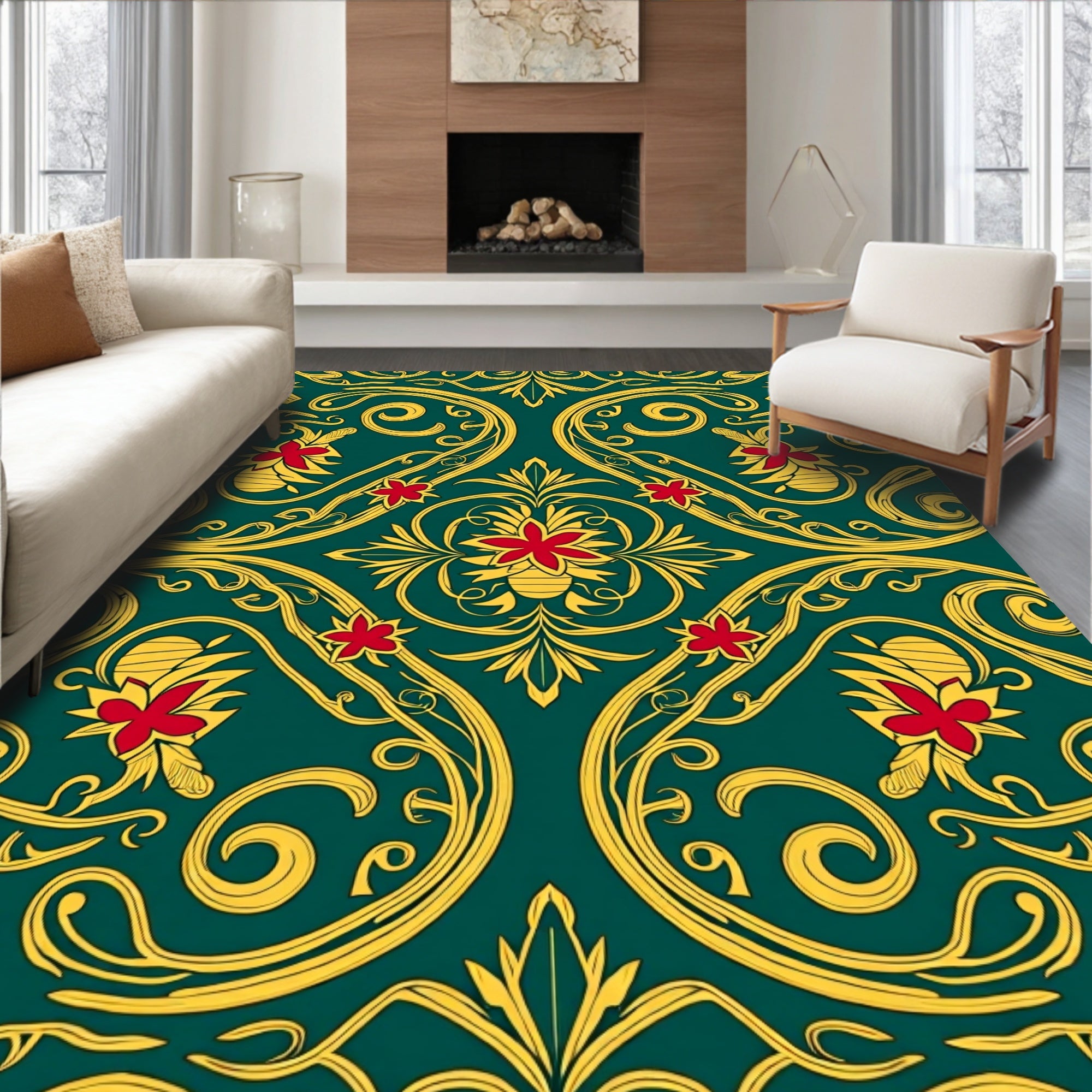 Emerald Green Floral Gold Swirl Accents Rug