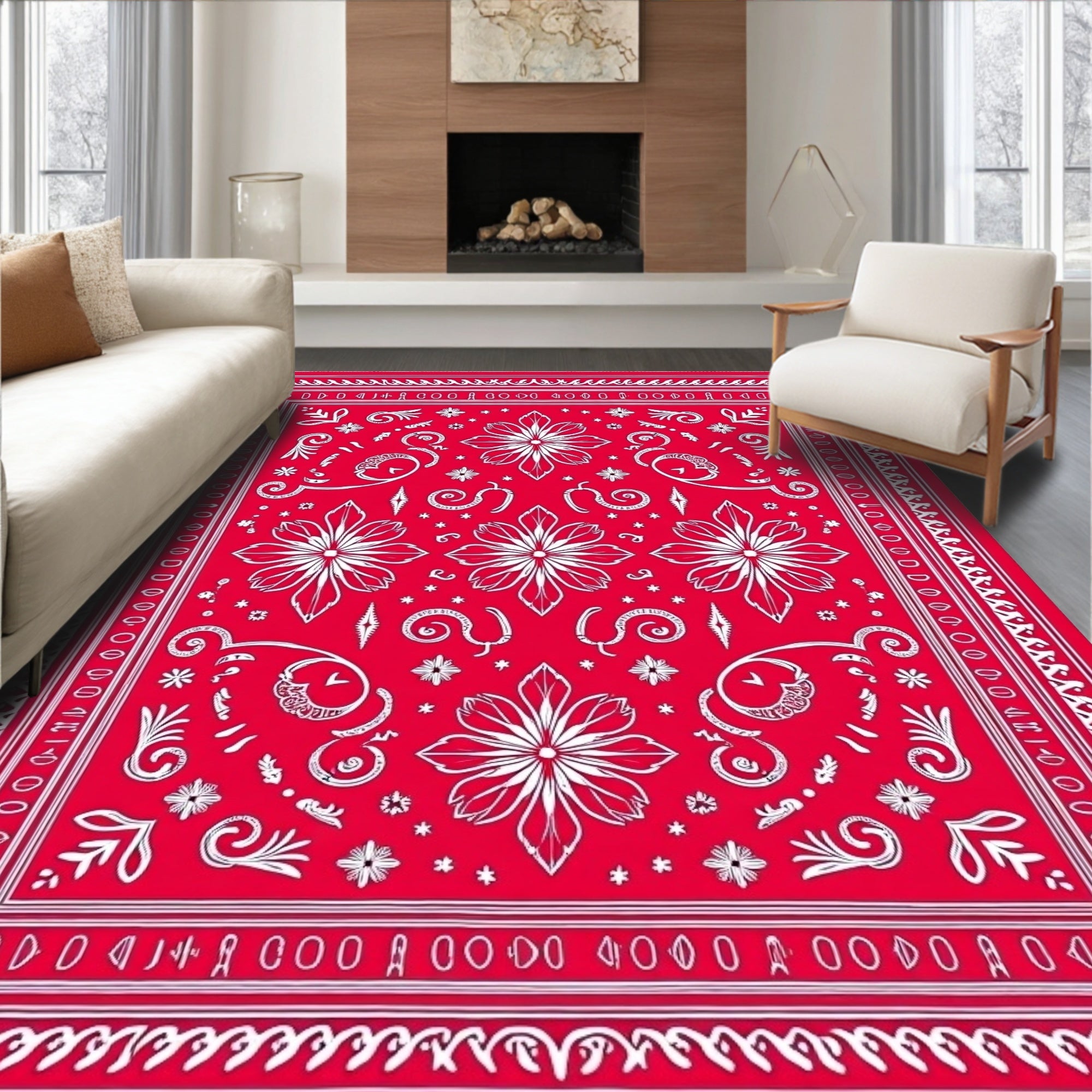 Crimson White Floral Paisley Bandana Rug
