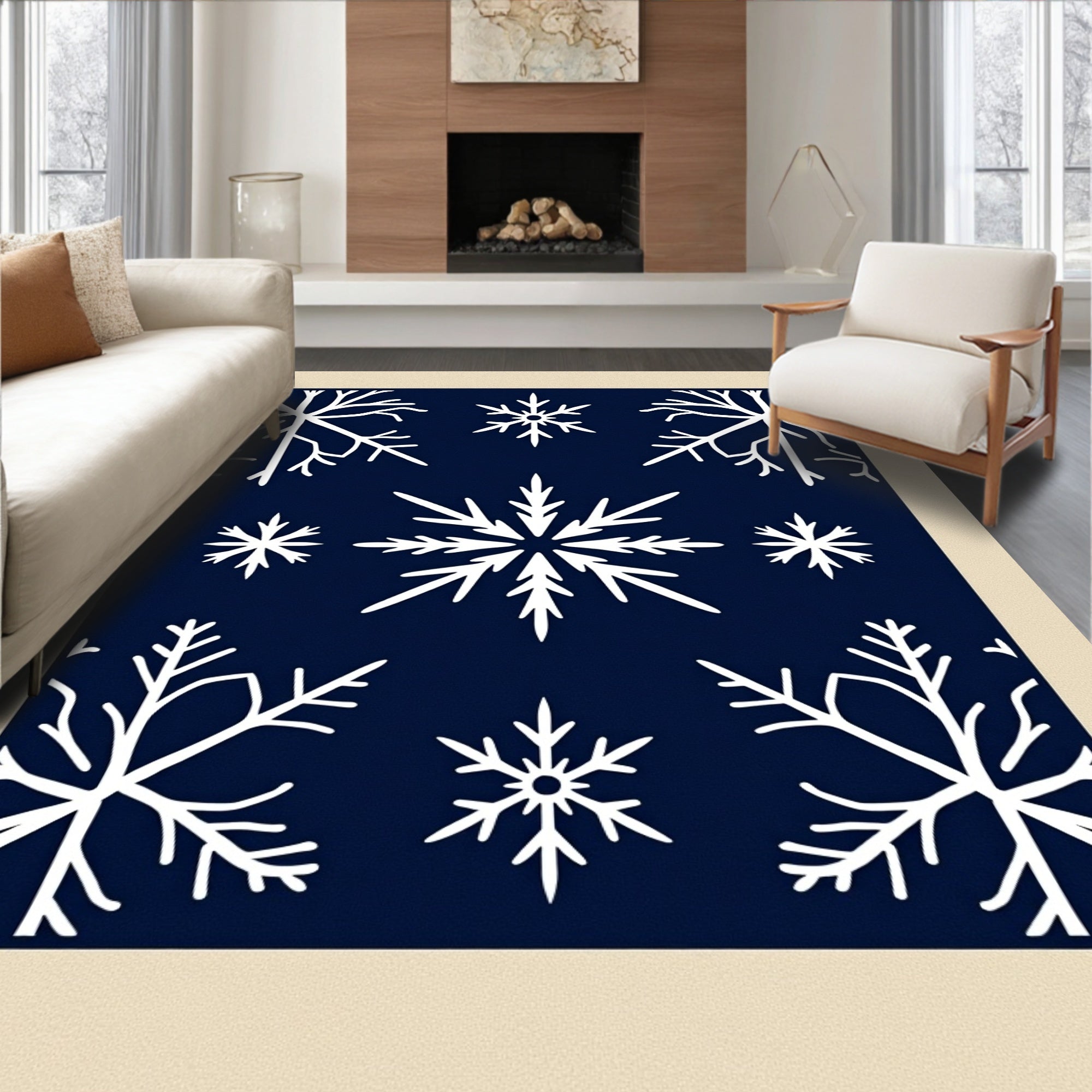 Navy White Snowflake Arrangement Rug