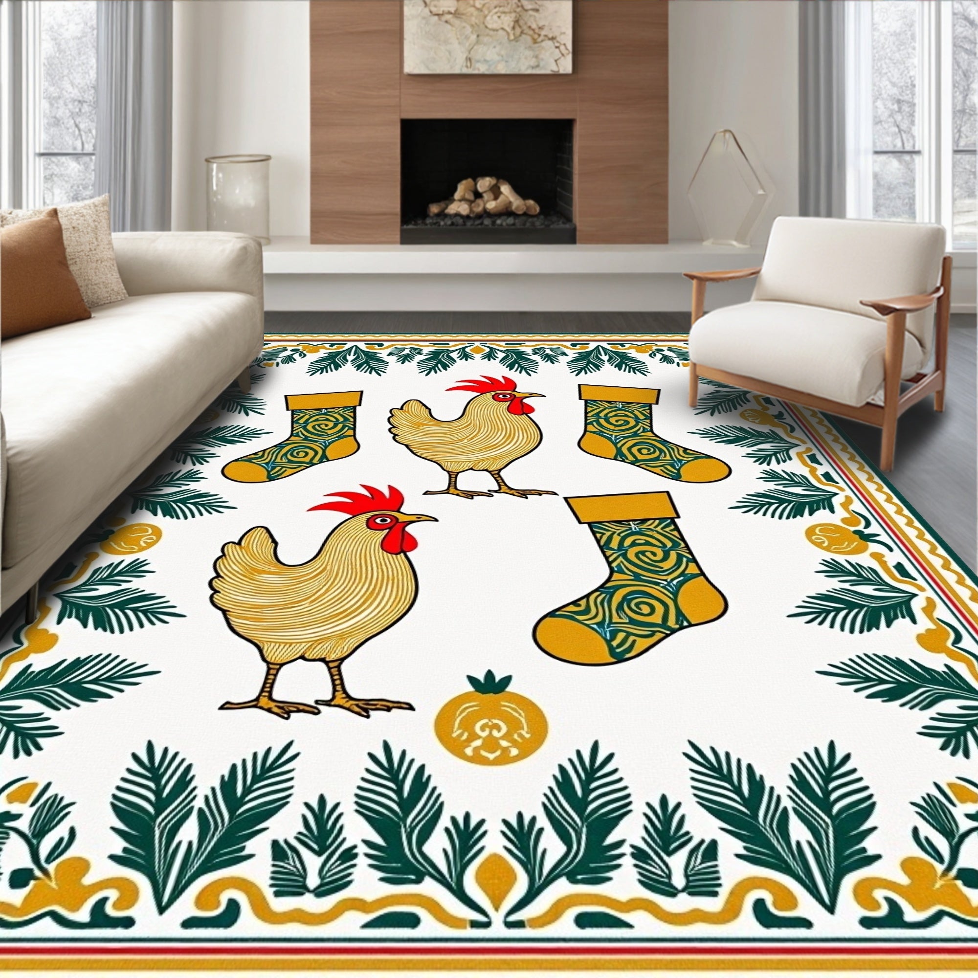 Golden Roosters And Green Swirl Stockings Rug