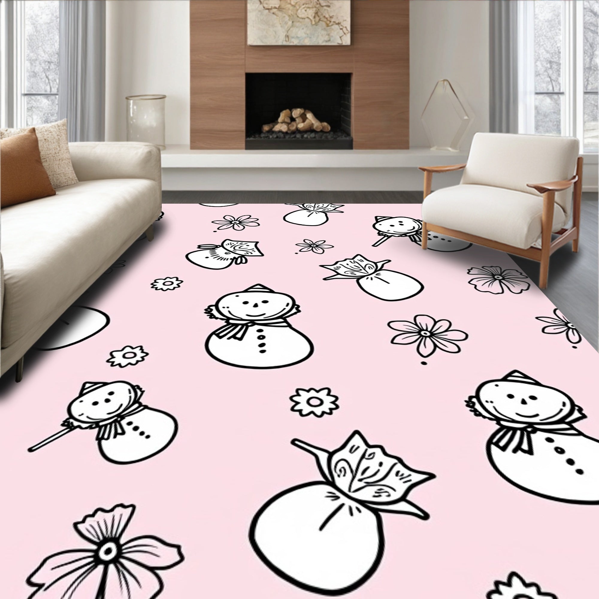 Whimsical Snowman Floral Pink Background Rug