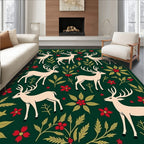 Forest Deer Red Flower Foliage Scene Rug
