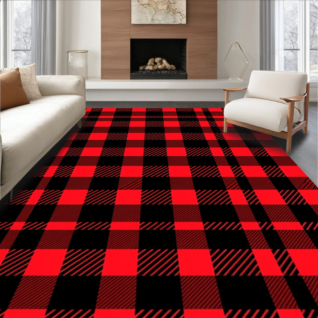 Crimson Black Plaid Squares Rug