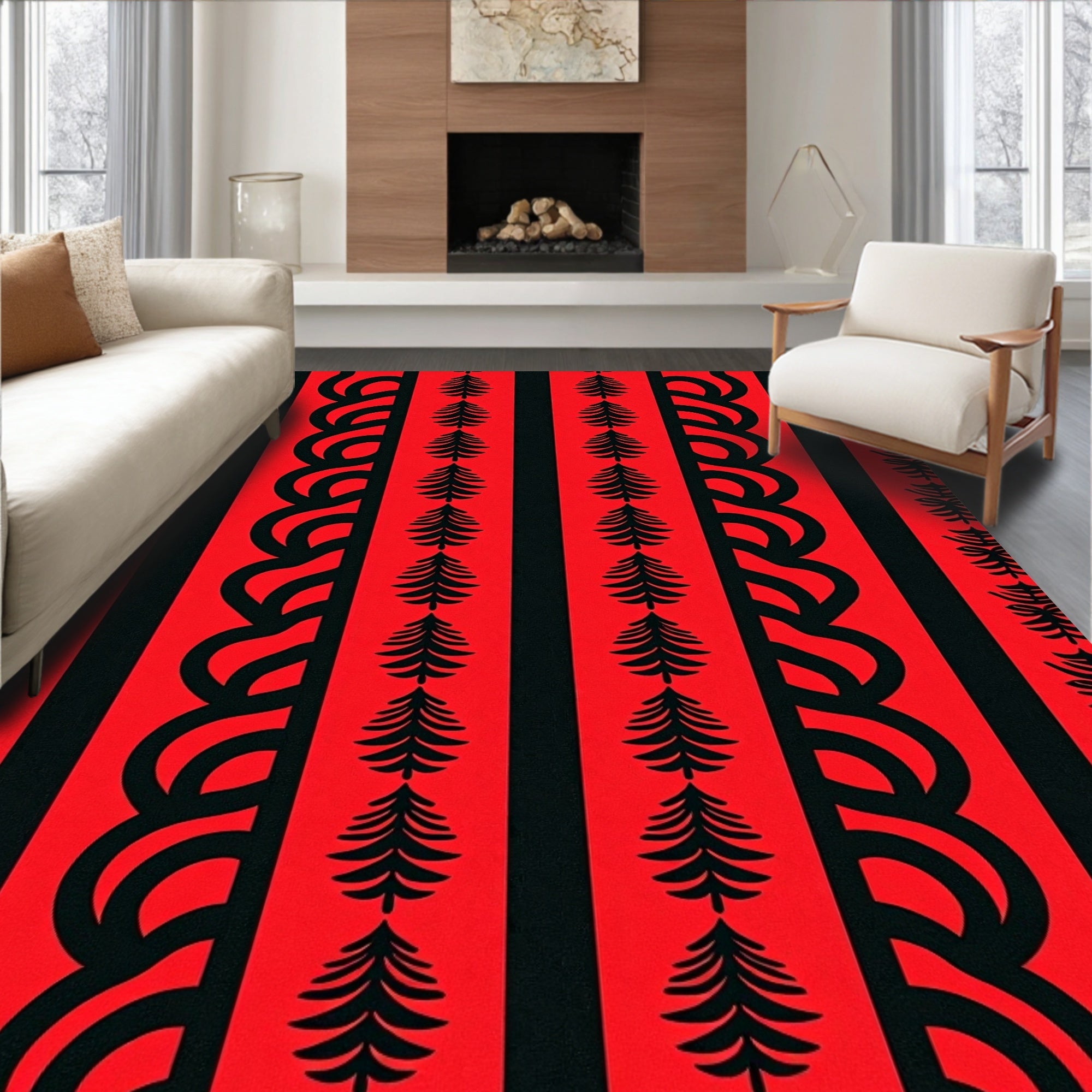 Bold Red Black Vertical Trees Border Rug