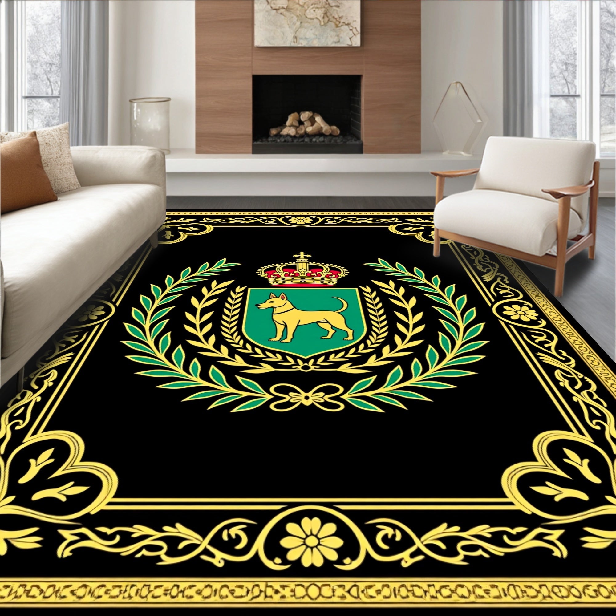 Regal Black Golden Laurel Dog Crest Rug
