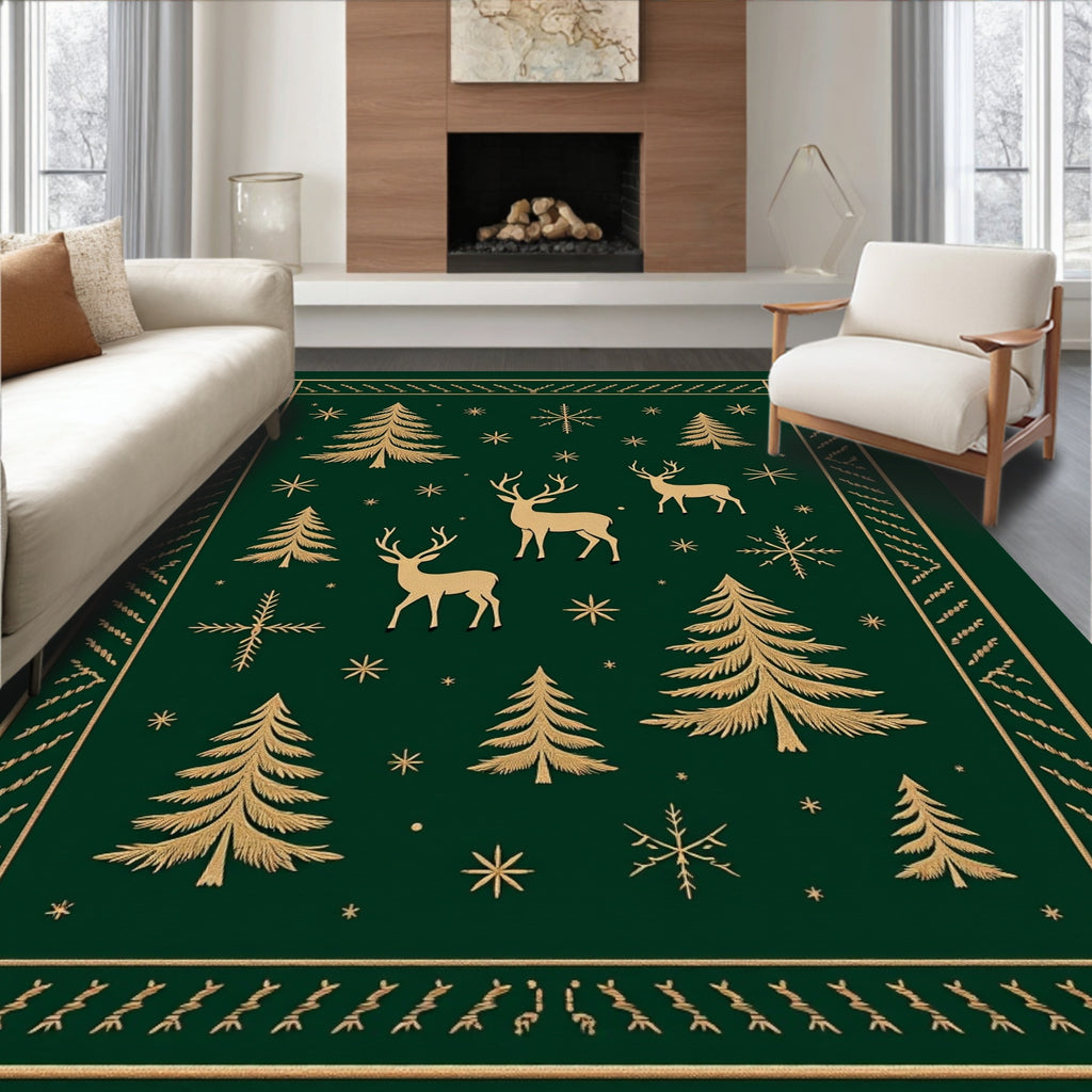 Golden Deer Evergreen Forest Snowflake Rug