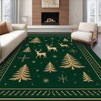 Golden Deer Evergreen Forest Snowflake Rug