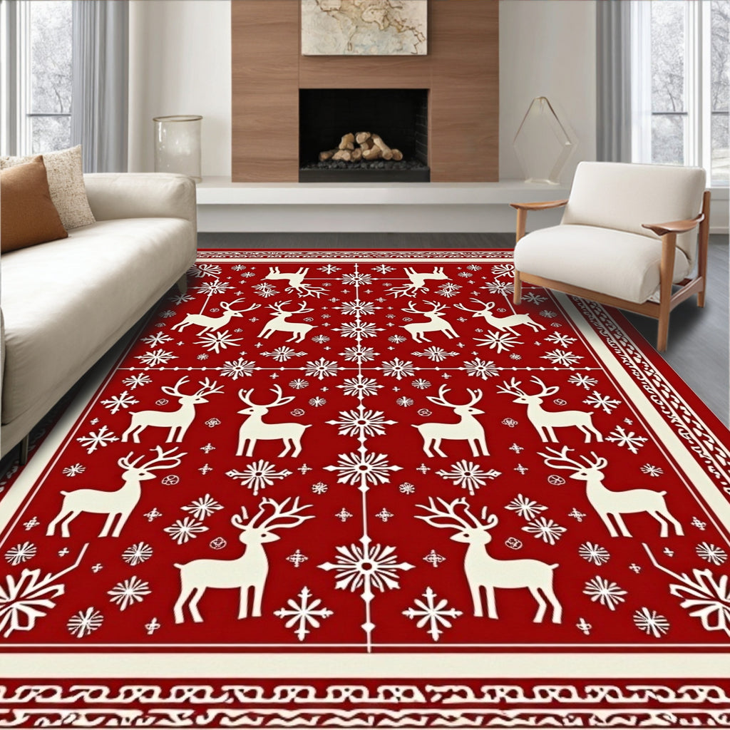 Red White Cream Reindeer Snowflake Garland Rug