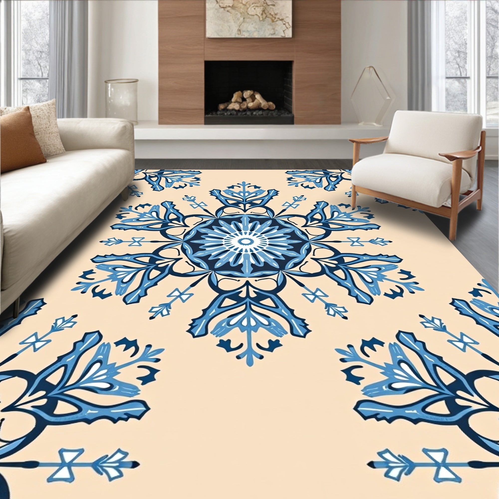 Navy Blue Floral Medallion Cream Rug