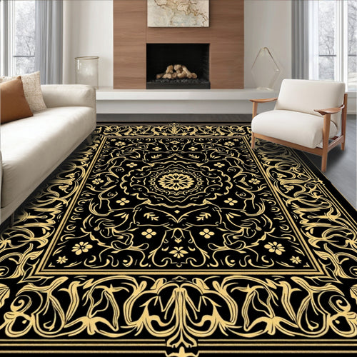 Black Gold Ornate Mandala Border Rug
