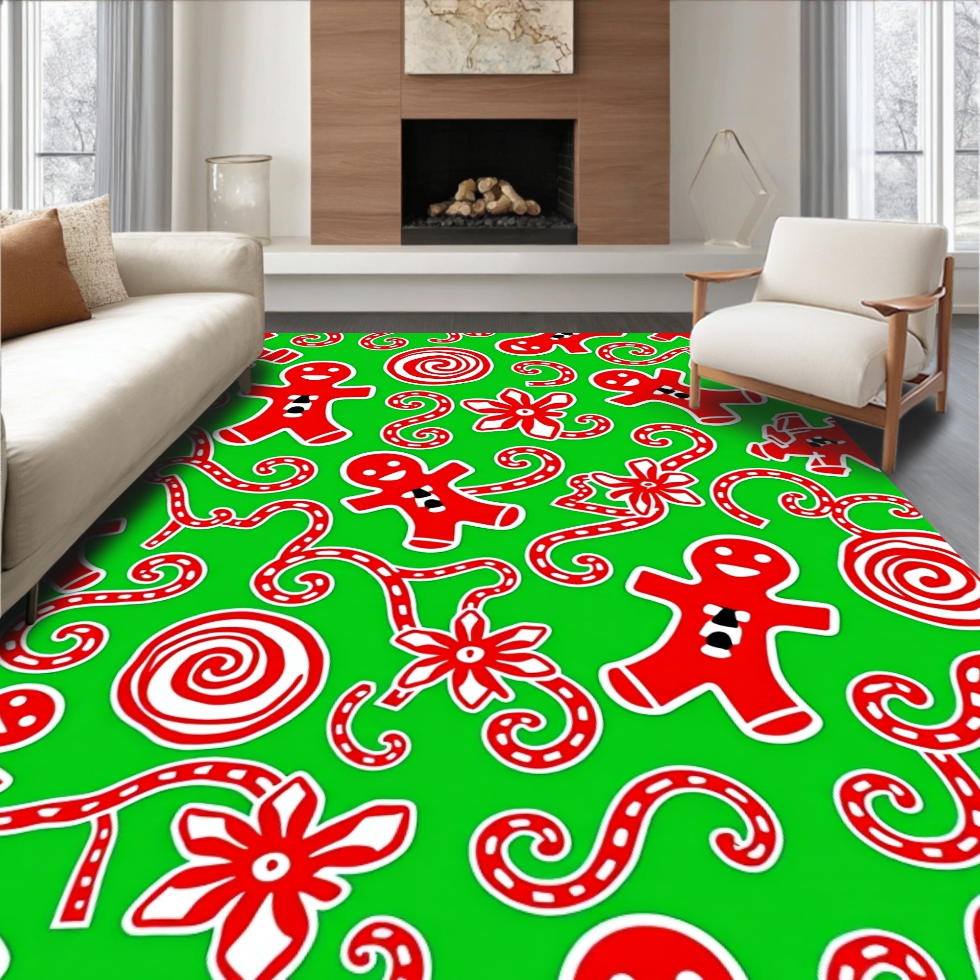Red Gingerbread Man Swirls and Flowers Rug