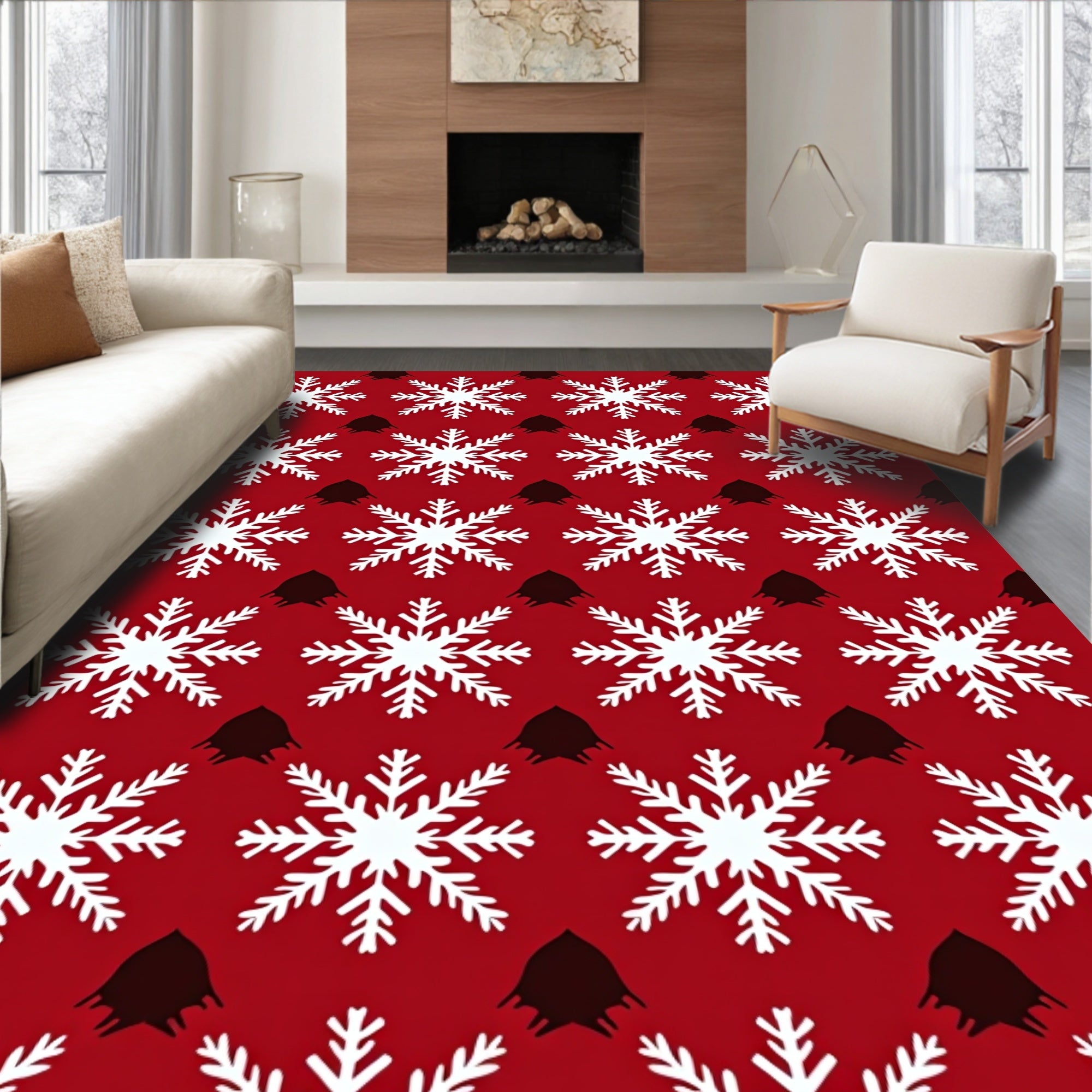 Crimson White Snowflake Geometric Arrangement Rug