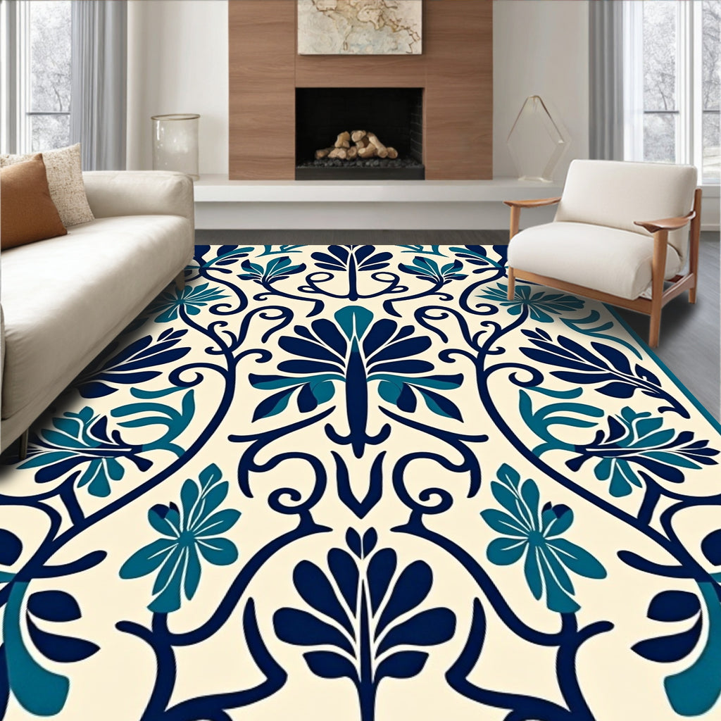 Naval Blue Leafy Vine Medallion Rug