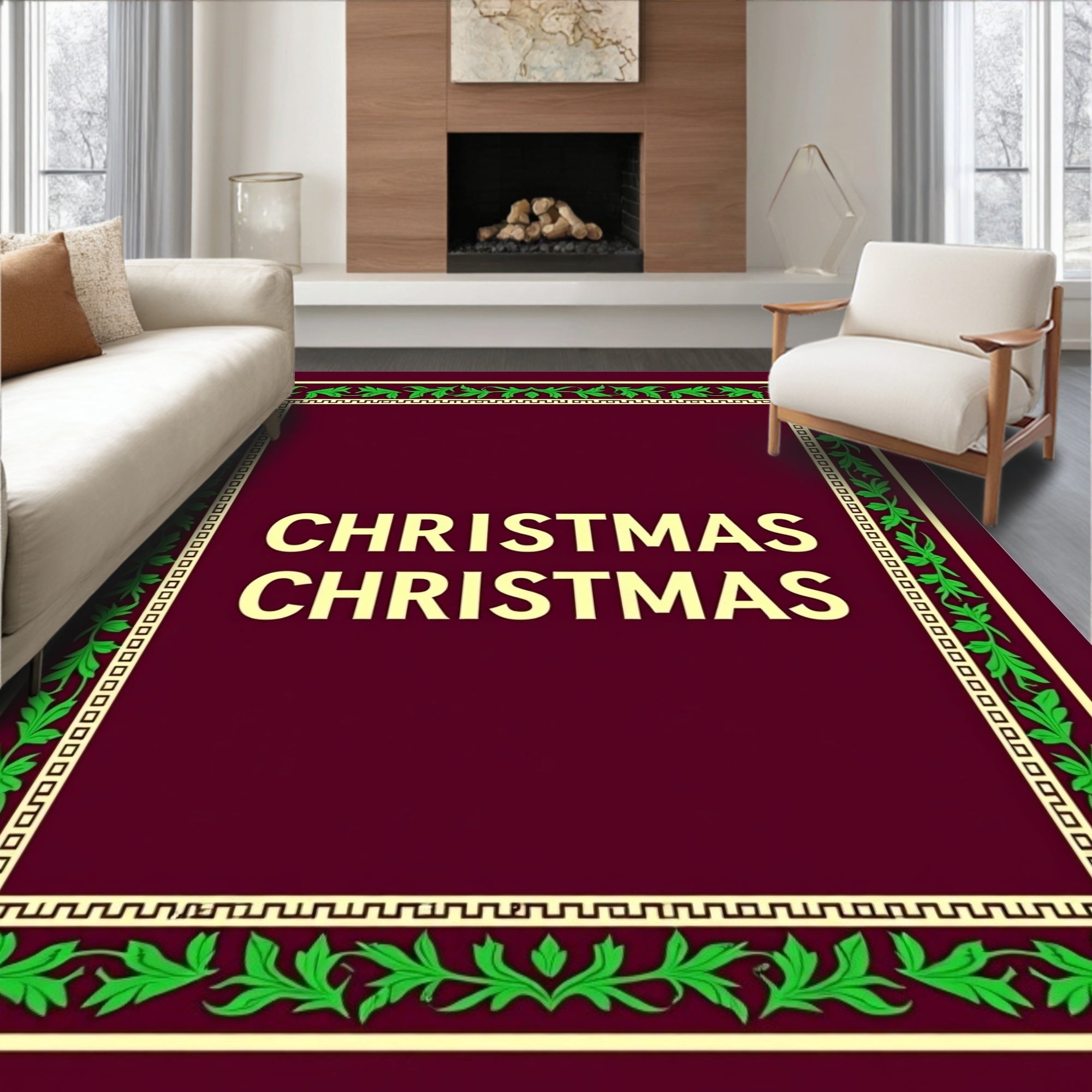 Crimson Green Floral Bordered Christmas Rug
