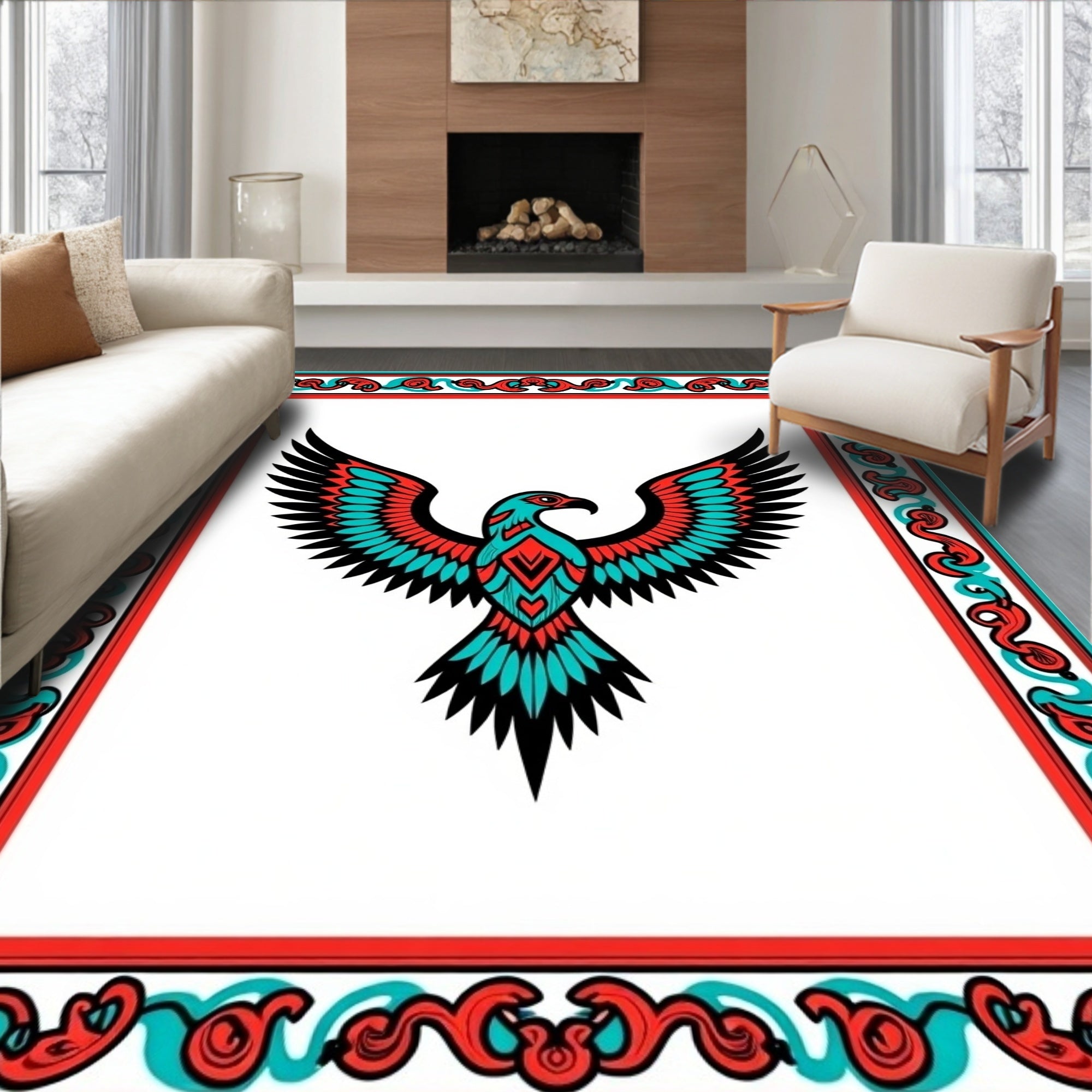Bold Red Turquoise Eagle Medallion Frame Rug