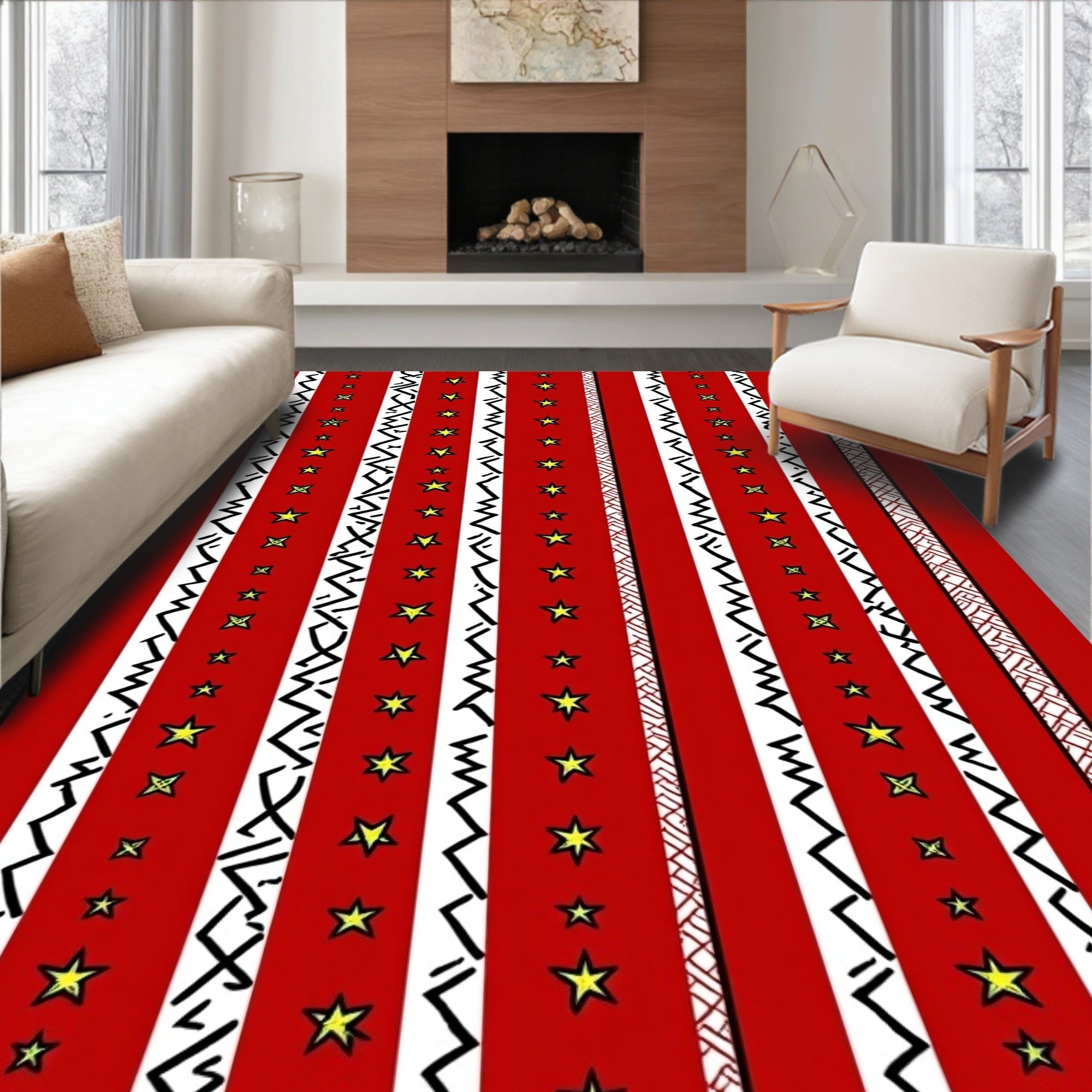 Bold Red Starburst Zigzag Stripe Rug