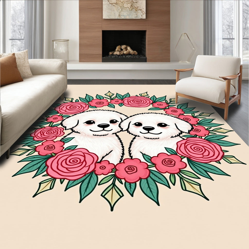 Pink Rose Wreath Adorable Puppies Rug