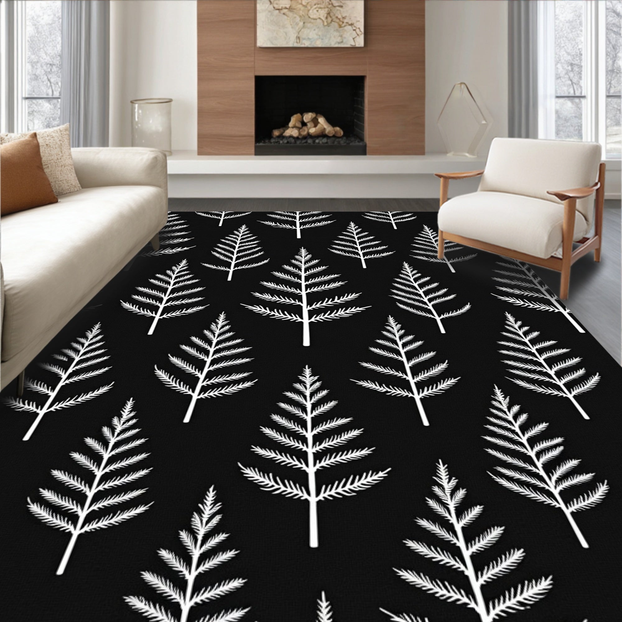 White Evergreen Forest Silhouette Rug