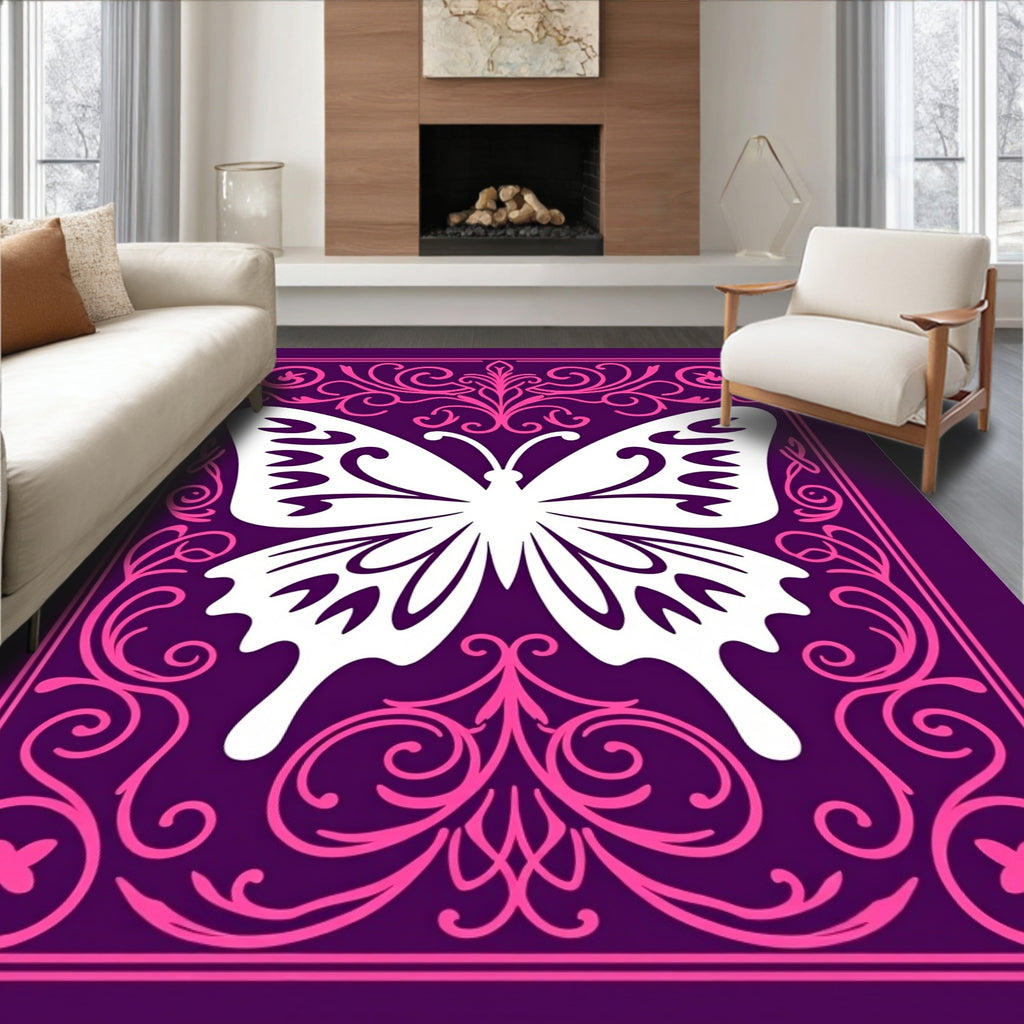 Whimsical Purple Pink Butterfly Garden Rug