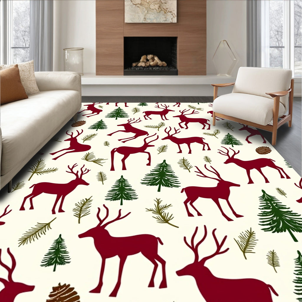 Deep Red Reindeer Forest Scene Rug
