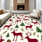 Deep Red Reindeer Forest Scene Rug