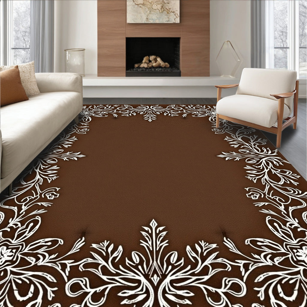 White Floral Scrollwork on Brown Background Rug