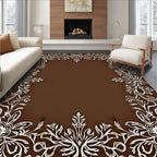 White Floral Scrollwork on Brown Background Rug