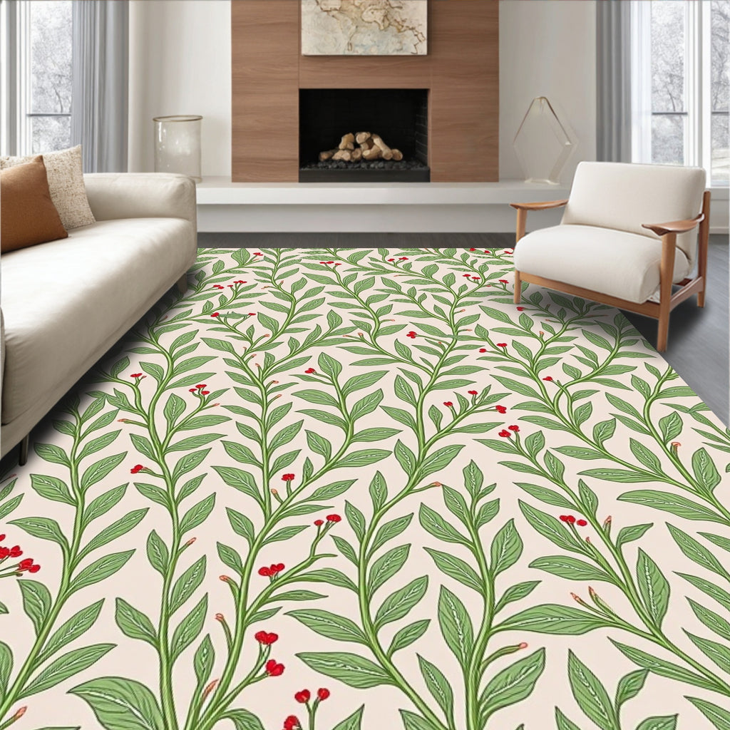 Green Leaf Red Berry Vine Rug
