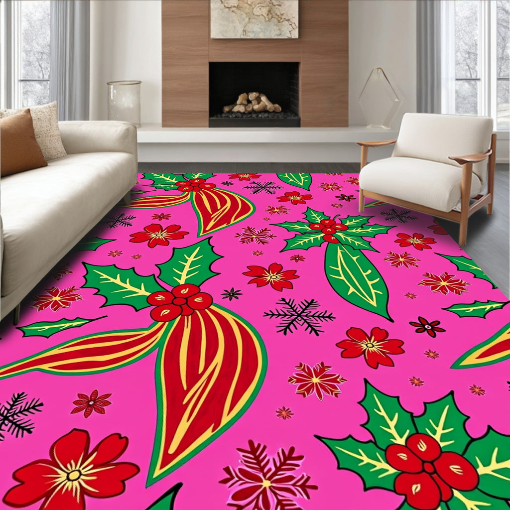 Merry Pink Holly Snowflake Bow Rug