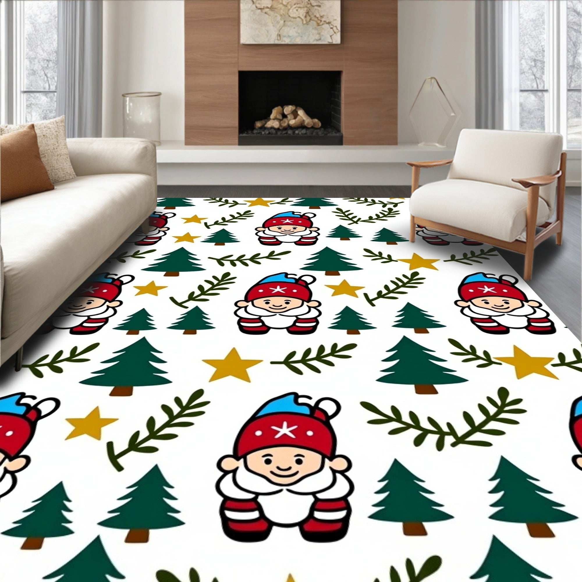 Christmas Gnome Green Tree Gold Star Rug