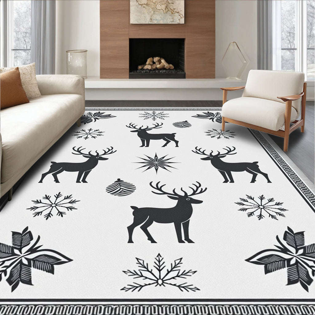Rustic Black Deer Snowflake Motif Rug