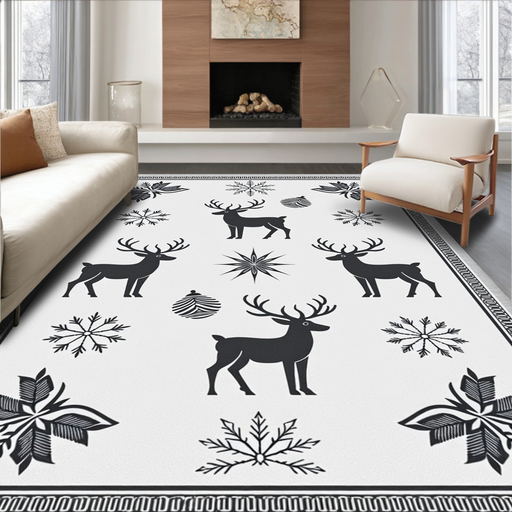 Rustic Black Deer Snowflake Motif Rug
