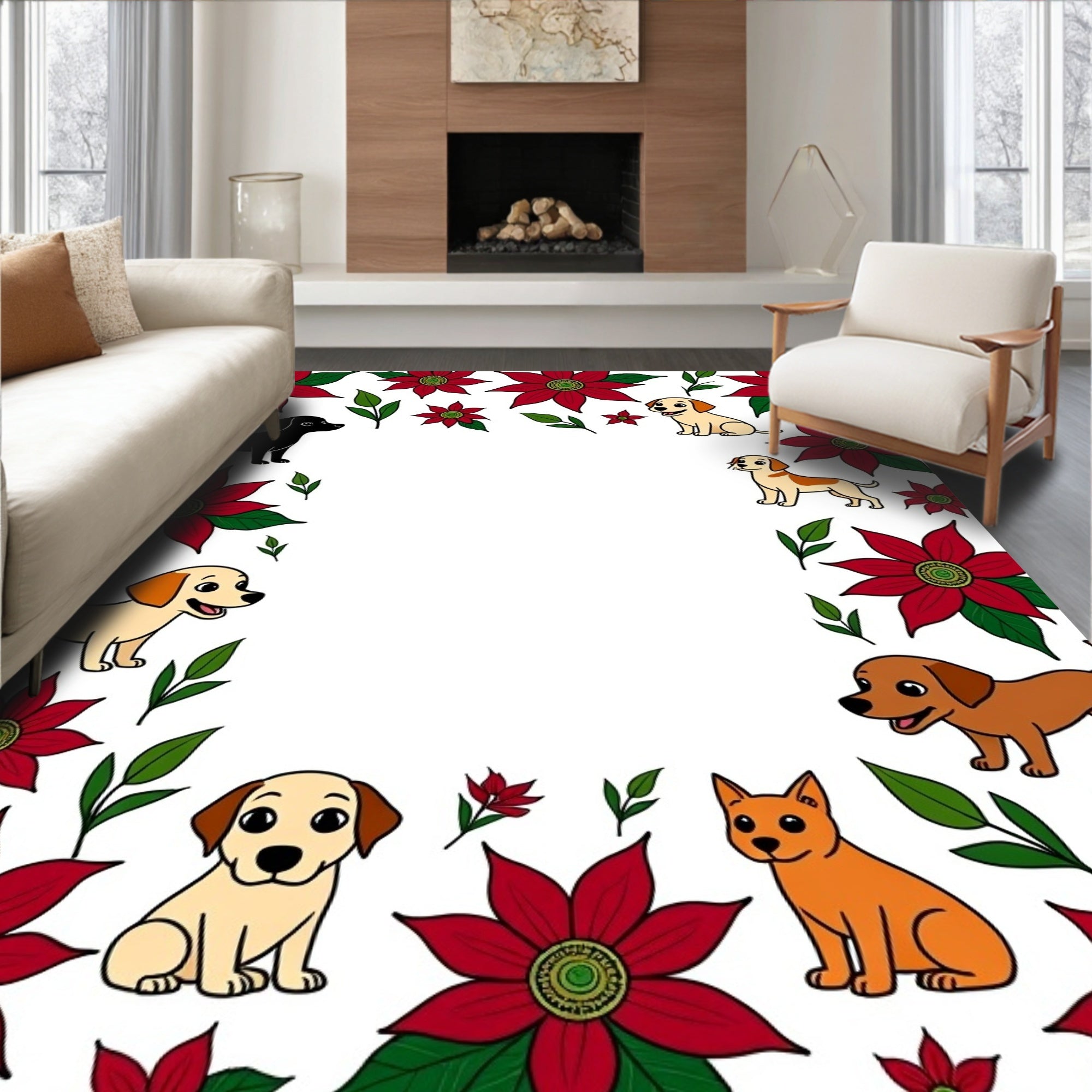 Red Floral Dogs Whimsical Border Rug