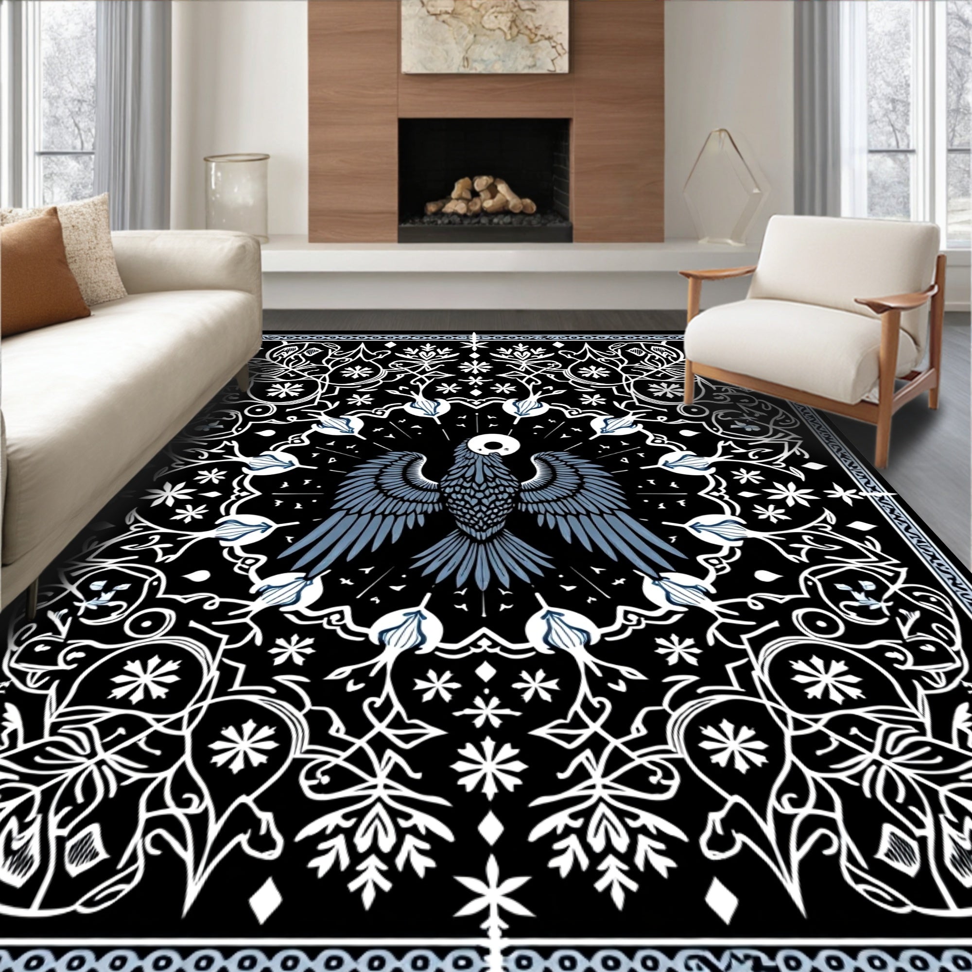 Mysterious Black Bird Floral Scroll Rug