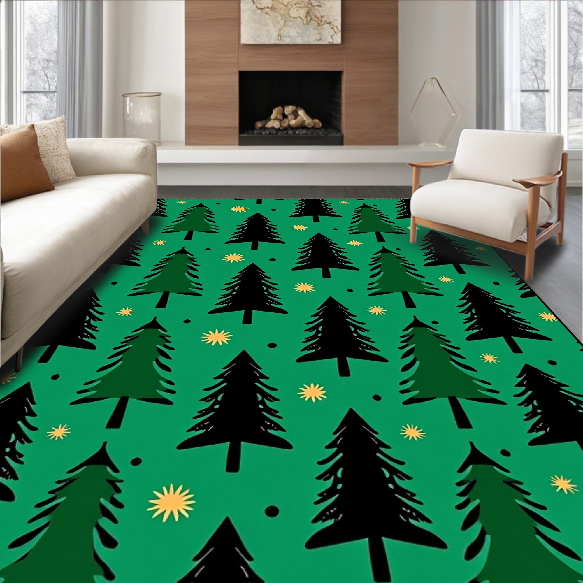 Festive Green Pine Tree Collection Rug
