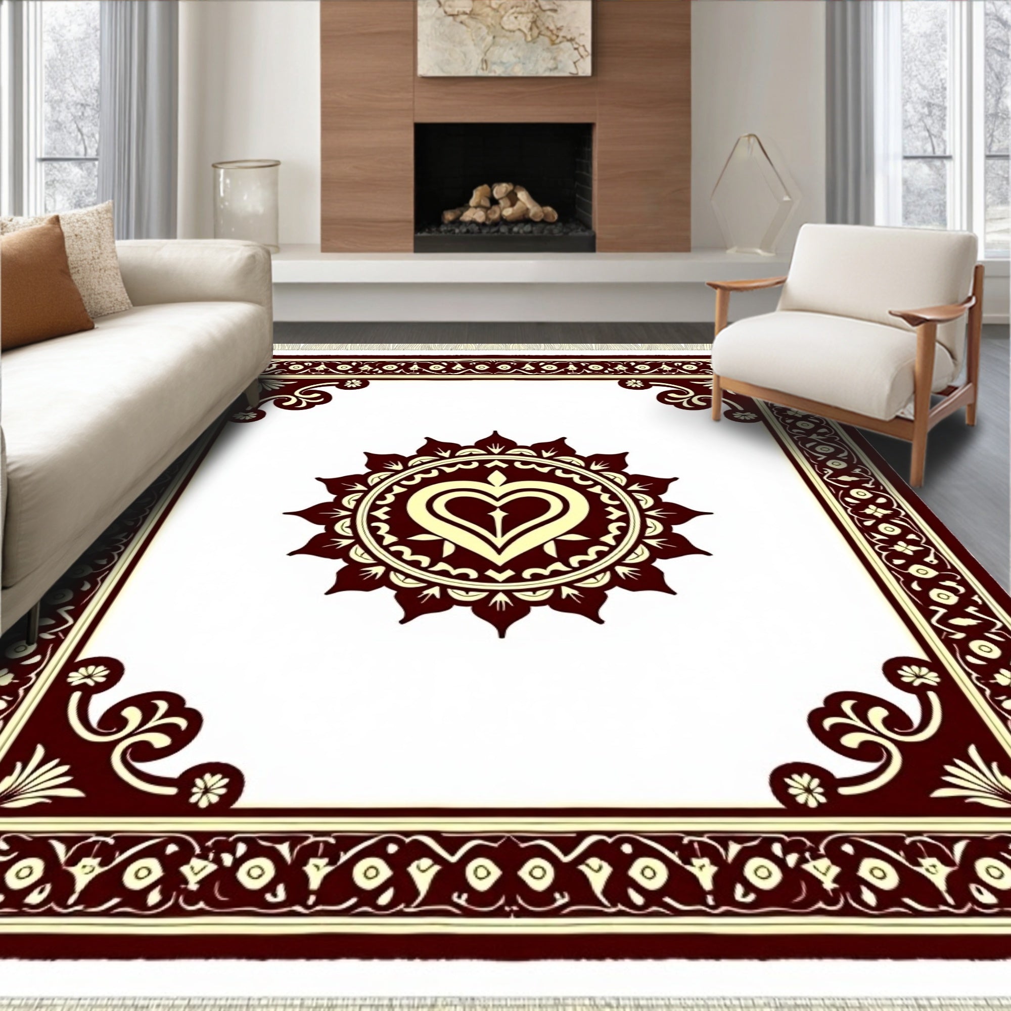 Crimson Heart Medallion Cream Border Rug