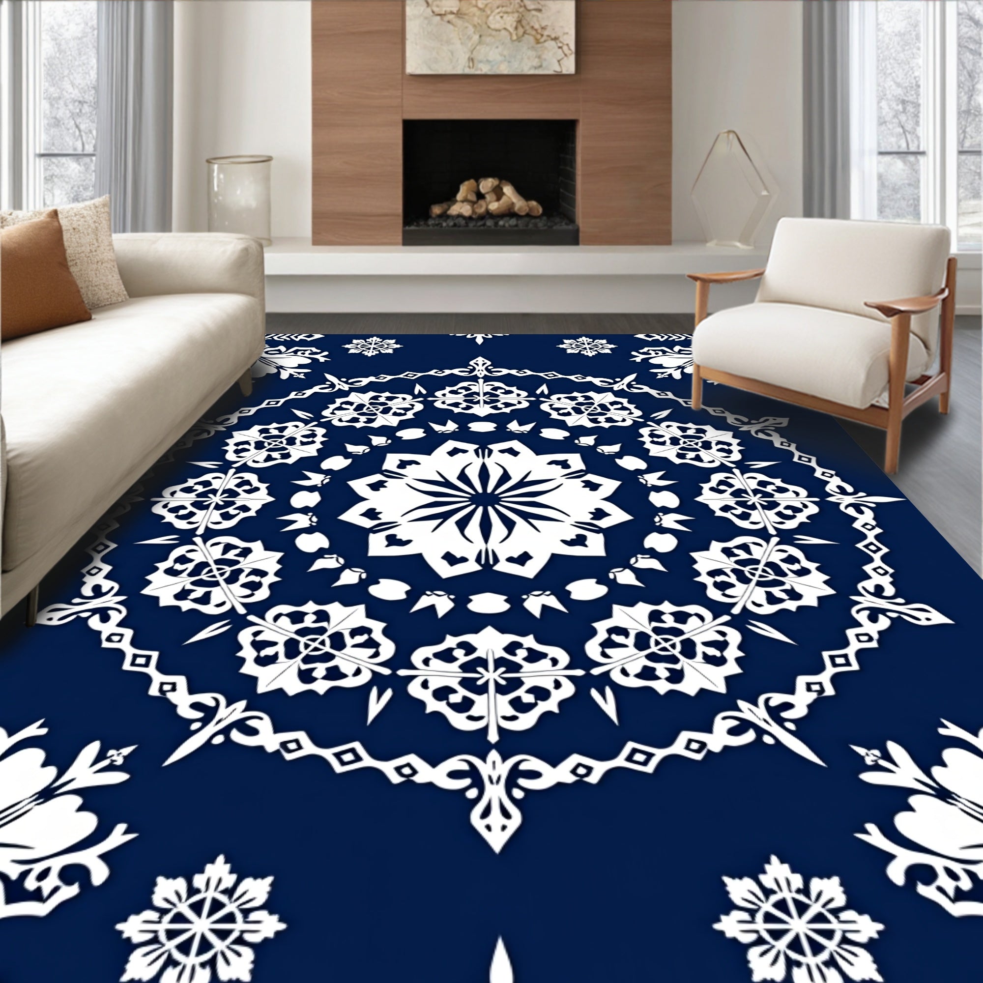 Deep Blue Intricate Floral Medallion Rug