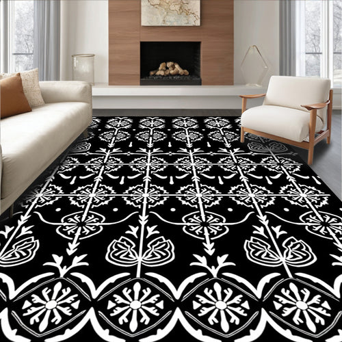 Black White Floral Geometric Art Nouveau Rug