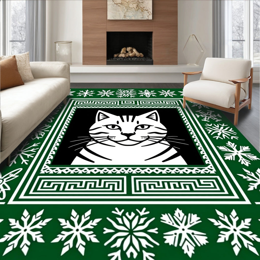 Green White Snowflakes Cat Portrait Rug