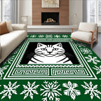 Green White Snowflakes Cat Portrait Rug