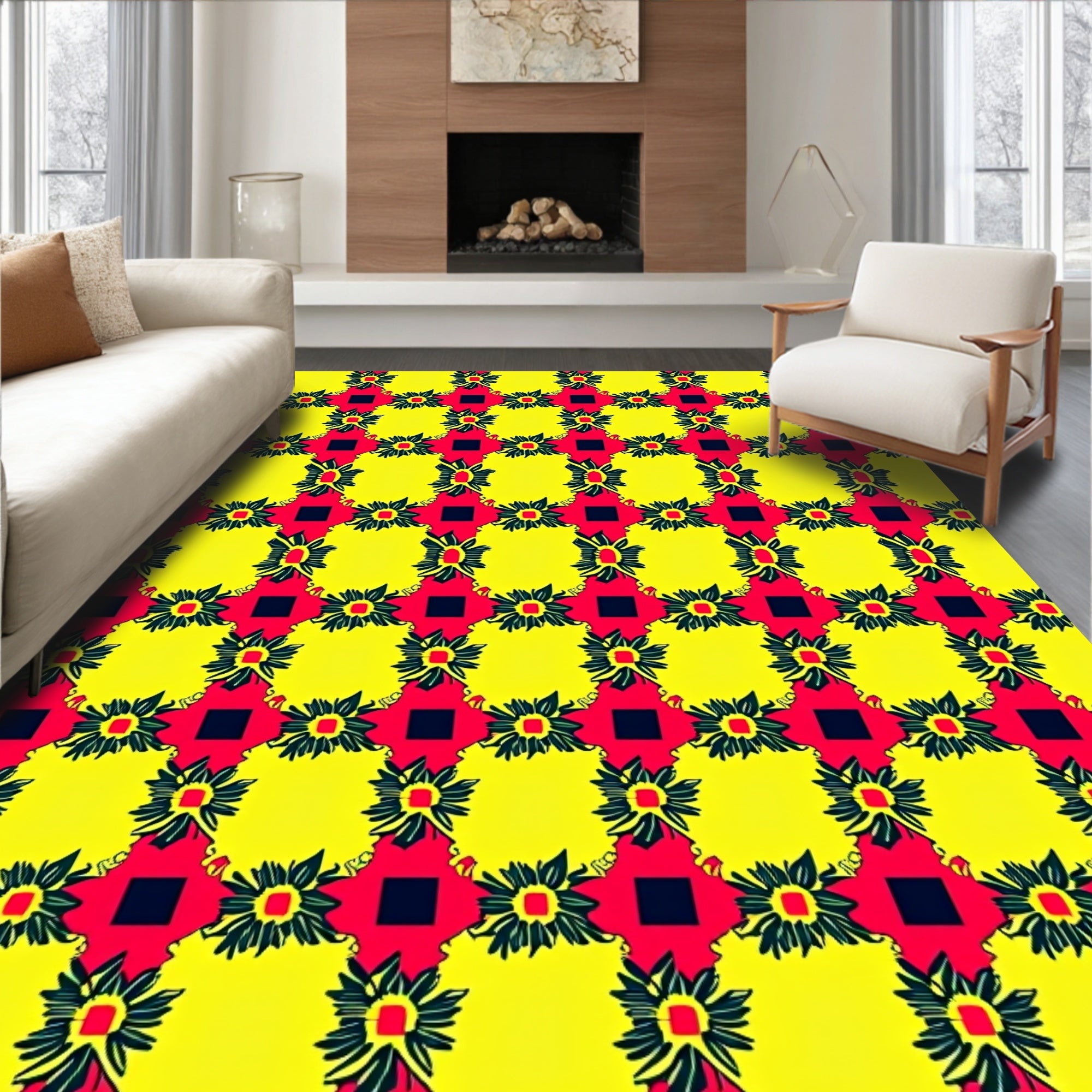 Bold Yellow Red Floral Grid Rug
