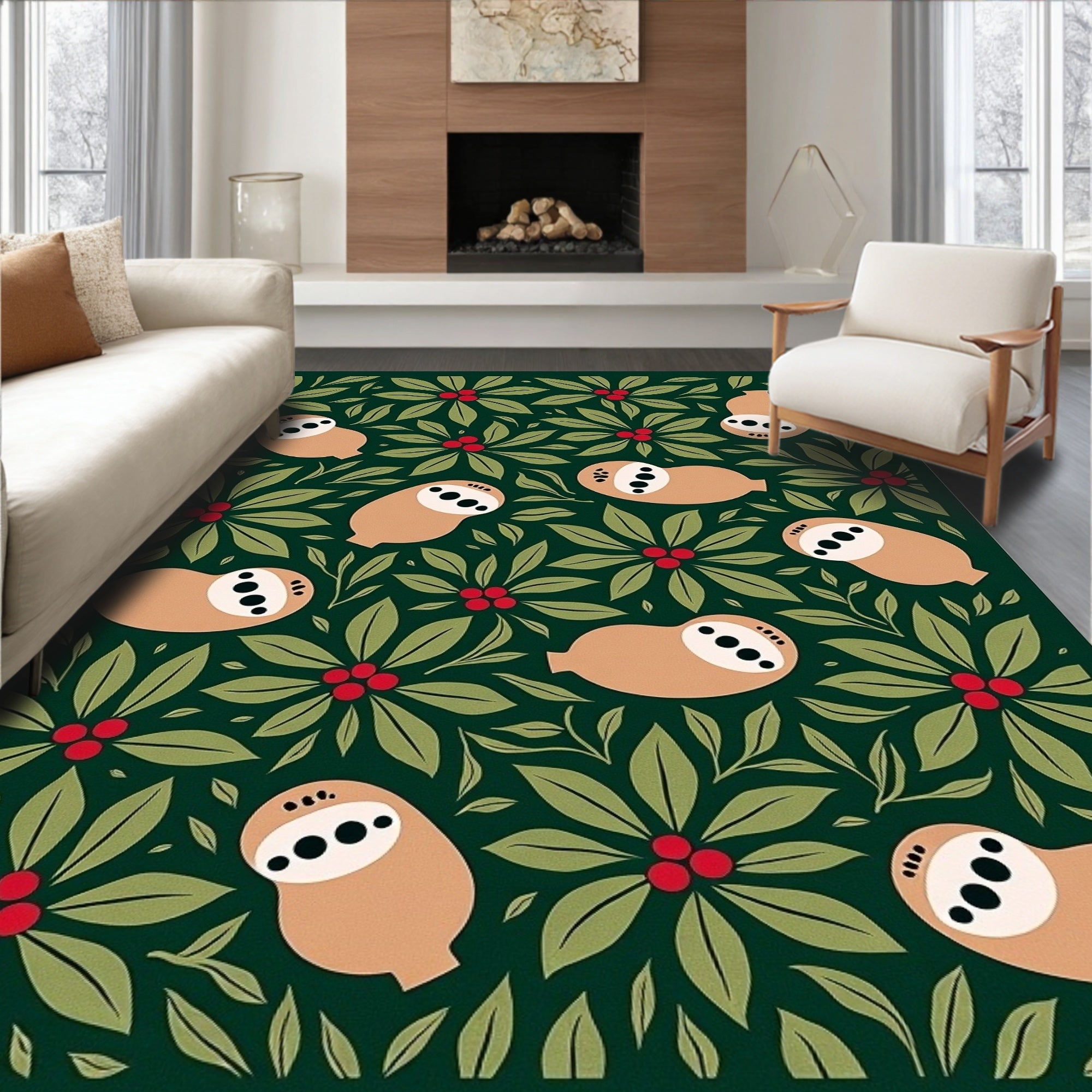 Whimsical Sloth Berry Leaf Collage Rug