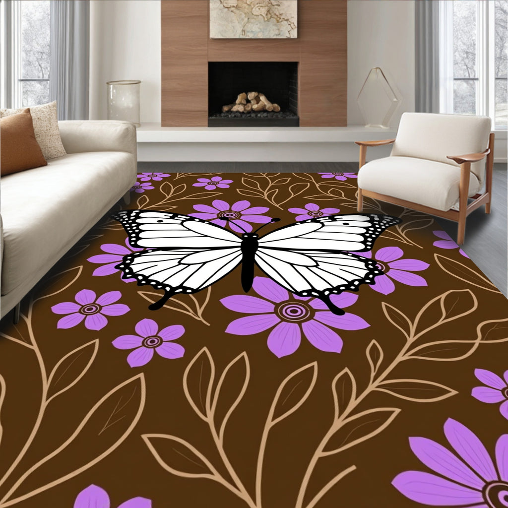 Brown Floral Butterfly Garden Rug