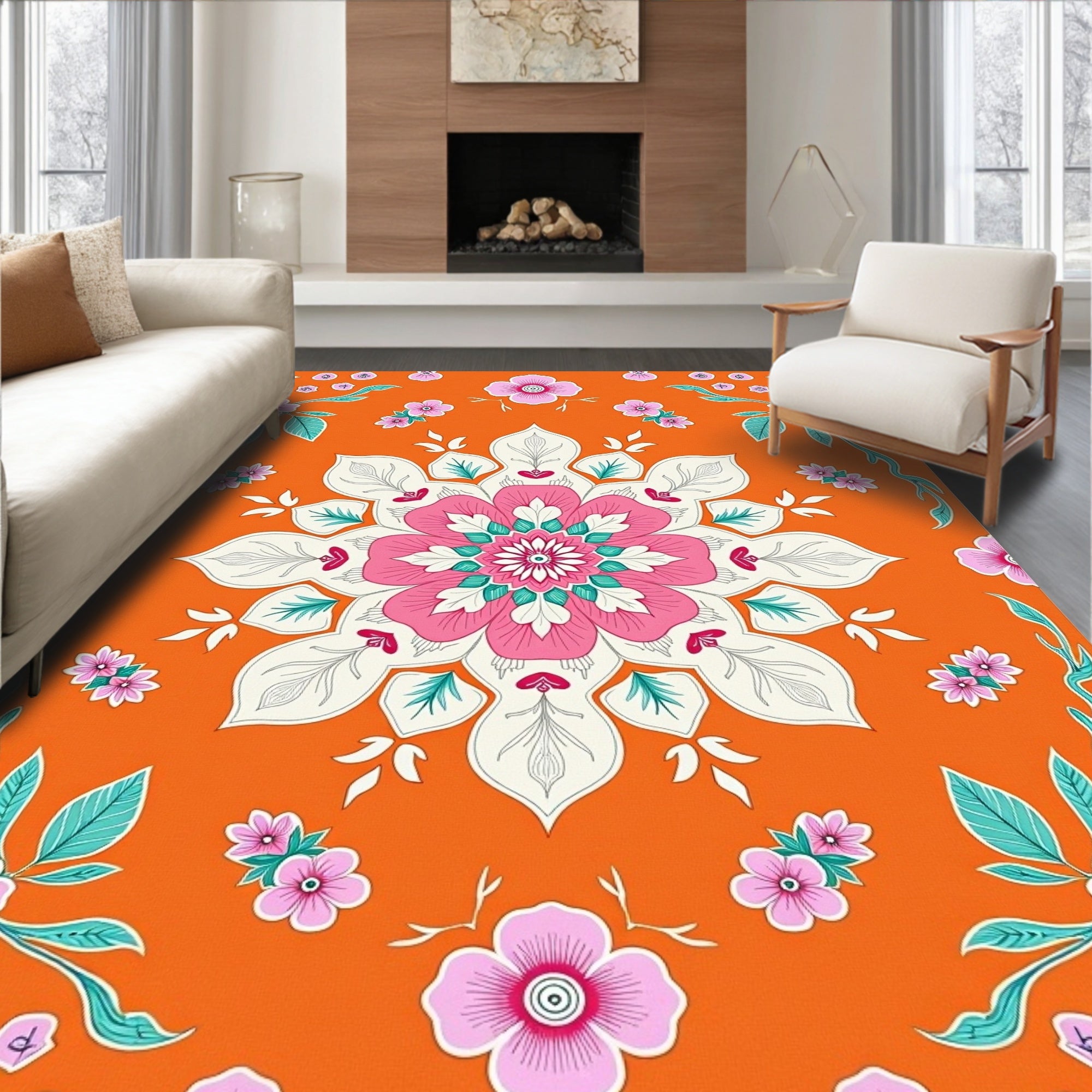 Vibrant Pink Floral Kaleidoscope Rug