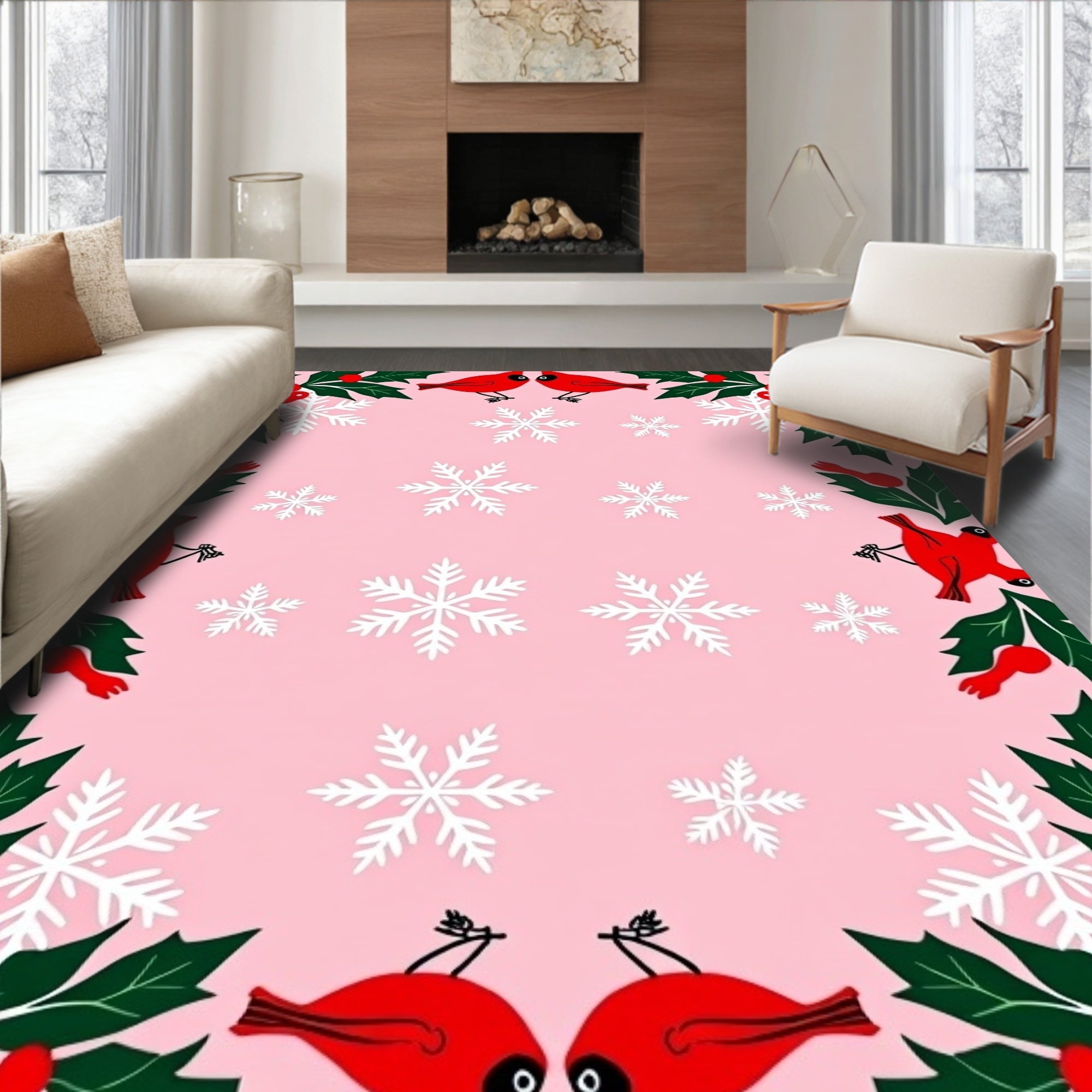 Whimsical Red Cardinals Snowflakes Holly Garland Rug