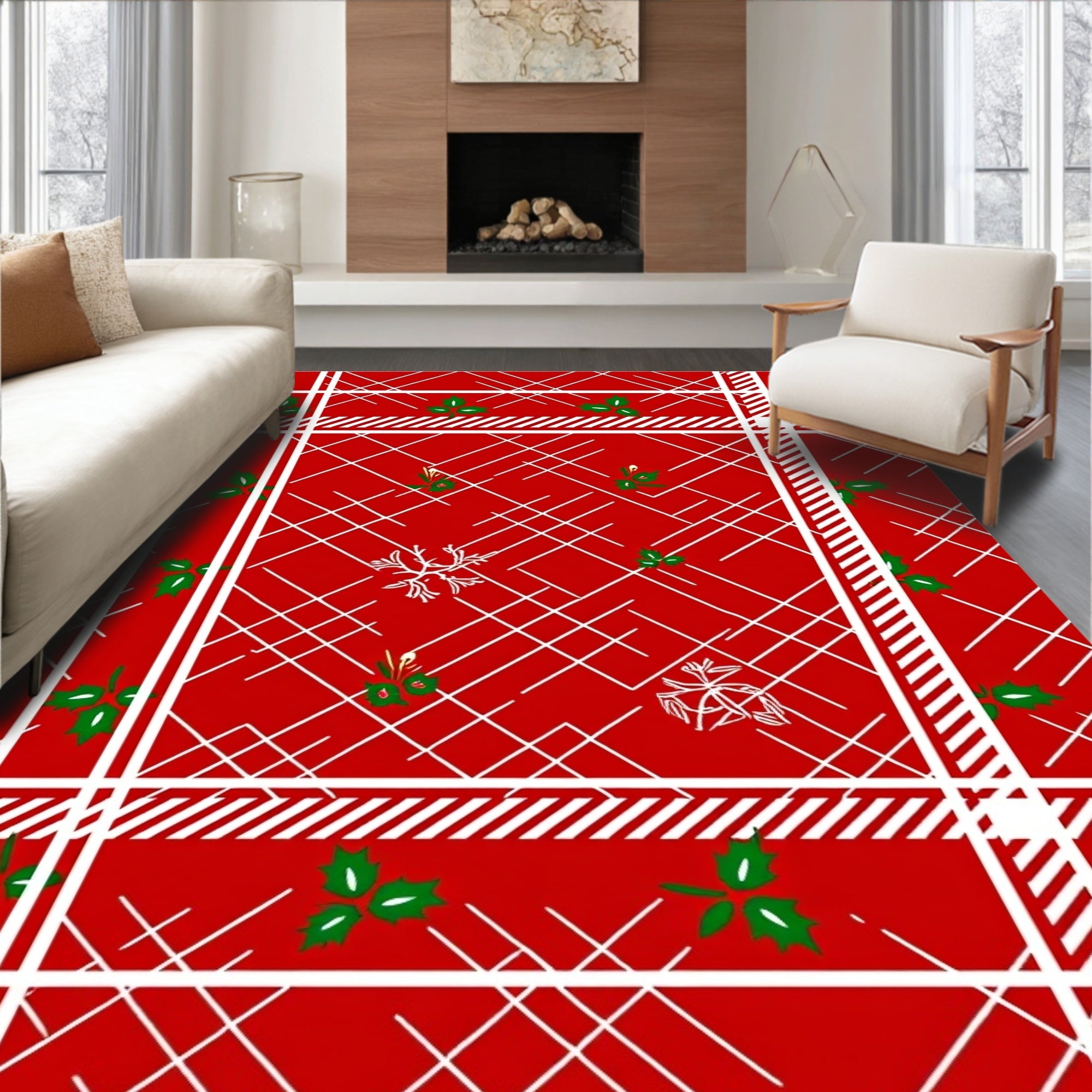 Warm Red Holly Snowflake Plaid Rug