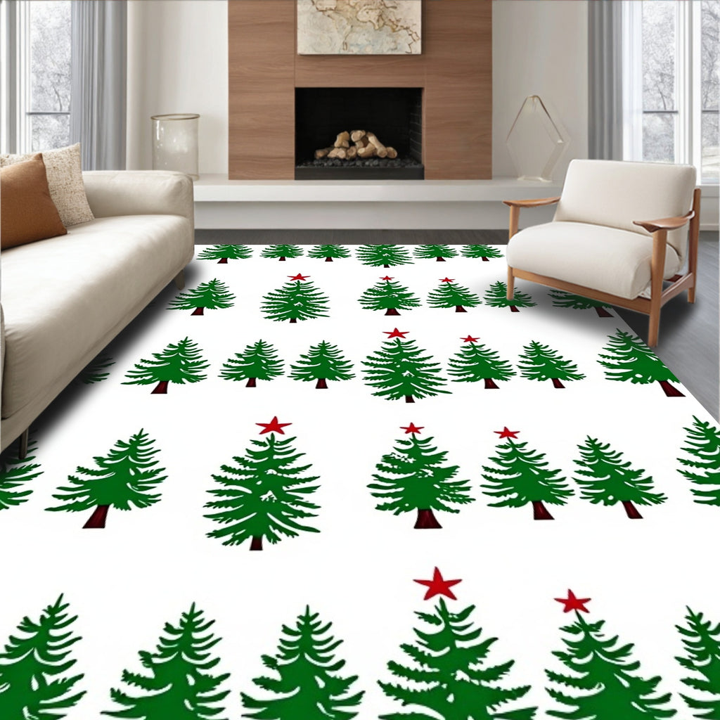 Green Christmas Trees With Red Stars Rug
