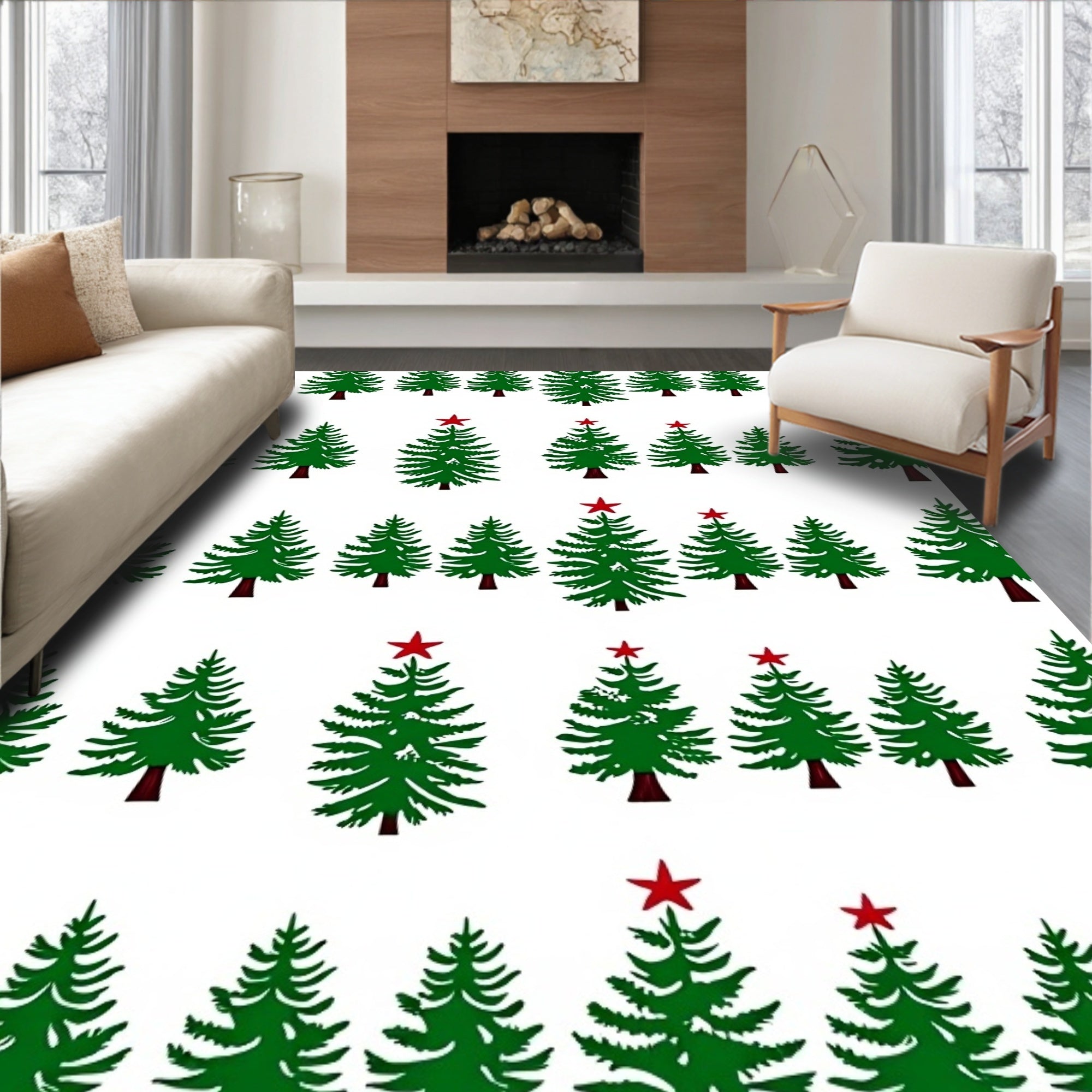 Green Christmas Trees With Red Stars Rug
