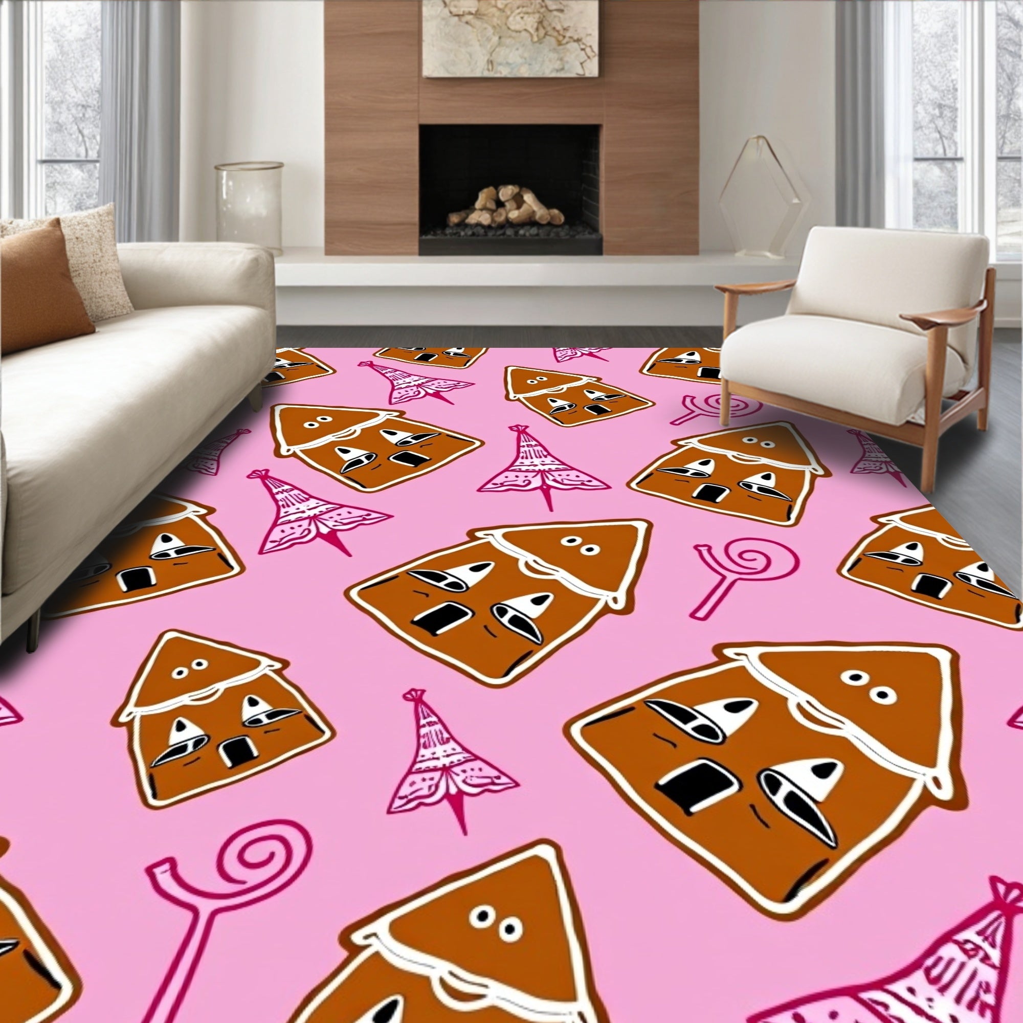 Whimsical Gingerbread Houses Pink Swirls Rug